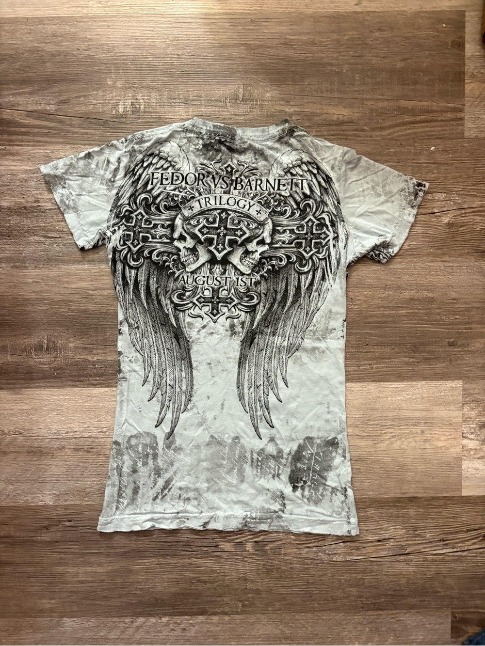 Affliction Light Gray Tee with Black Distressed Graphic